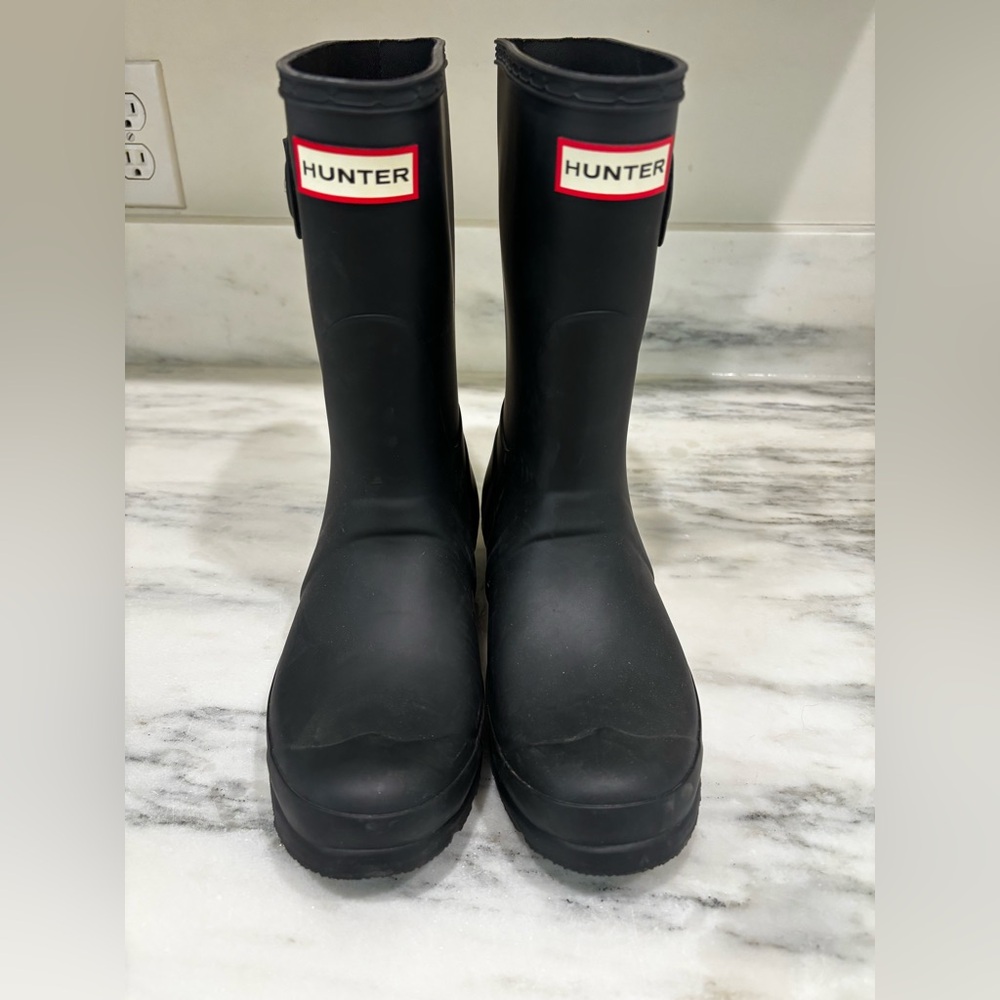 Hunter Black Matte Mid-Calf Rain Boots with Buckle Detail
